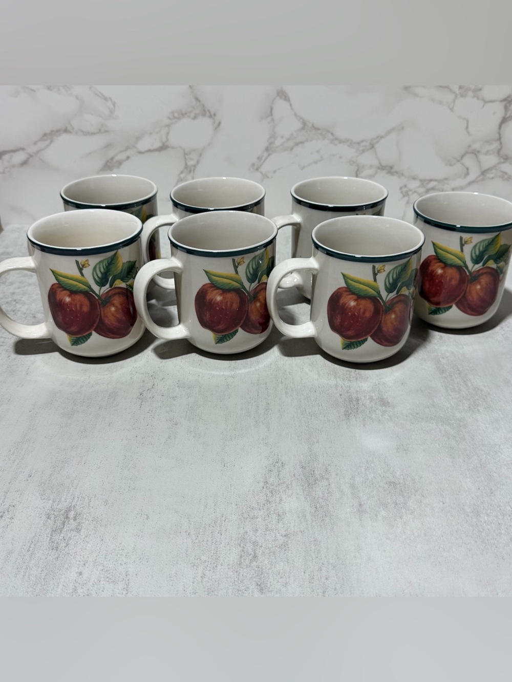 Vintage Casuals China Pearl White Apple Print Coffee Mugs - Set of 7